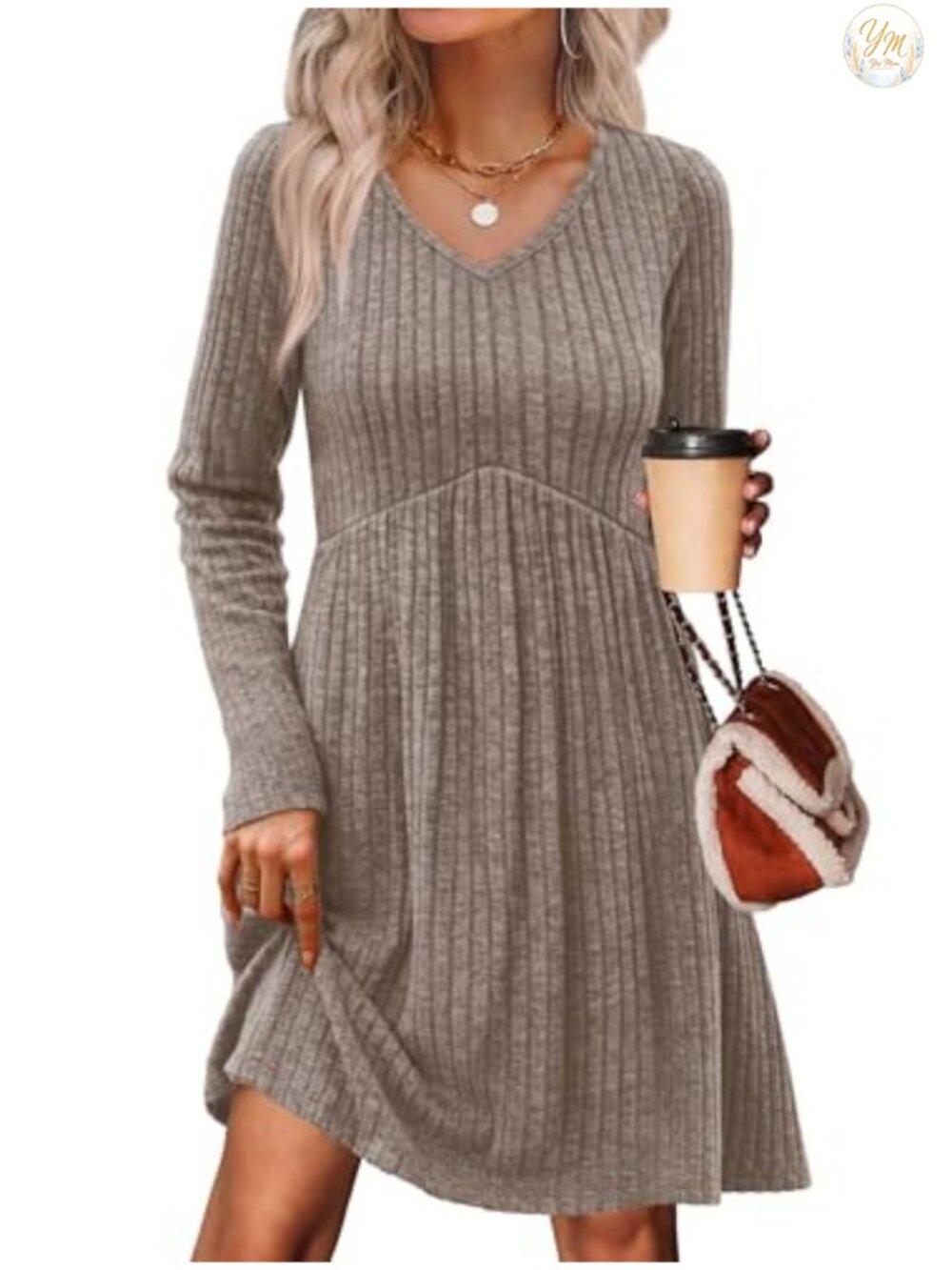 Long Sleeve Sweater Dress V Neck Empire Waist Babydoll Casual with Pockets